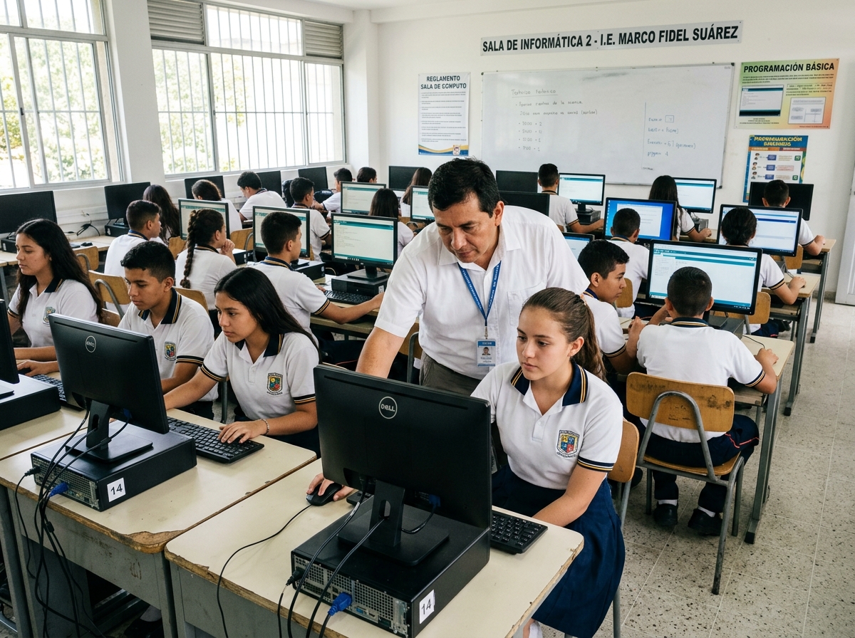 Docente y estudiantes en aula de informática de colegio oficial en Colombia con dotación tecnológica