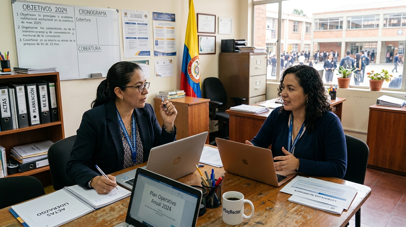 Equipo directivo de colegio oficial en Colombia: Rectora y Coordinador en reunión de planeación institucional y gestión escolar